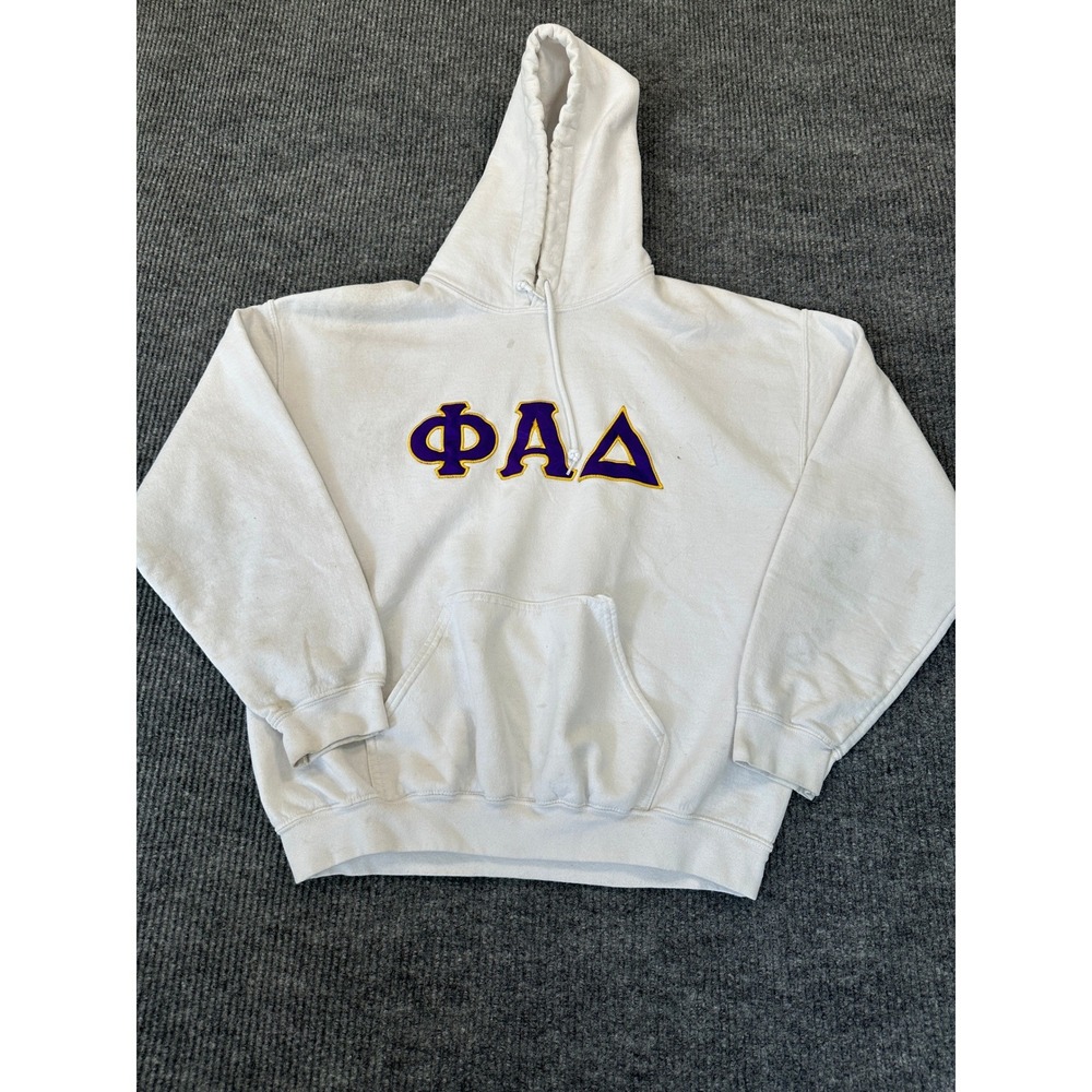 Gildan Phi Alpha Delta Hoodie Large White Embroidered‎ Greek Letter Heavy Blend